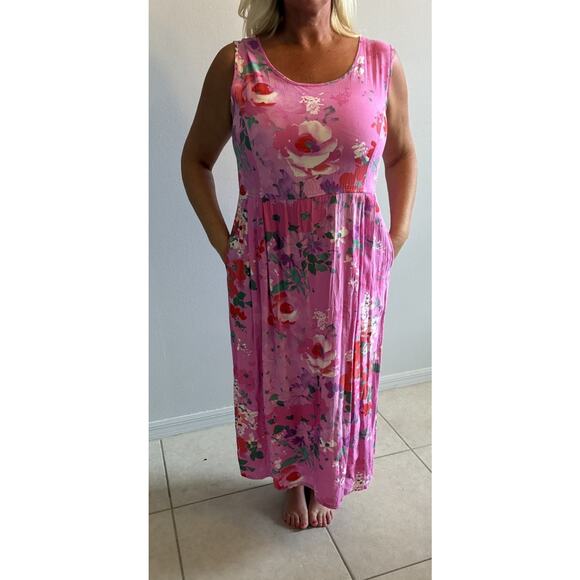VTG Jams World Womens Pink Floral Hawaiian Boho Sleeveless Pockets Midi Dress M - Picture 9 of 16
